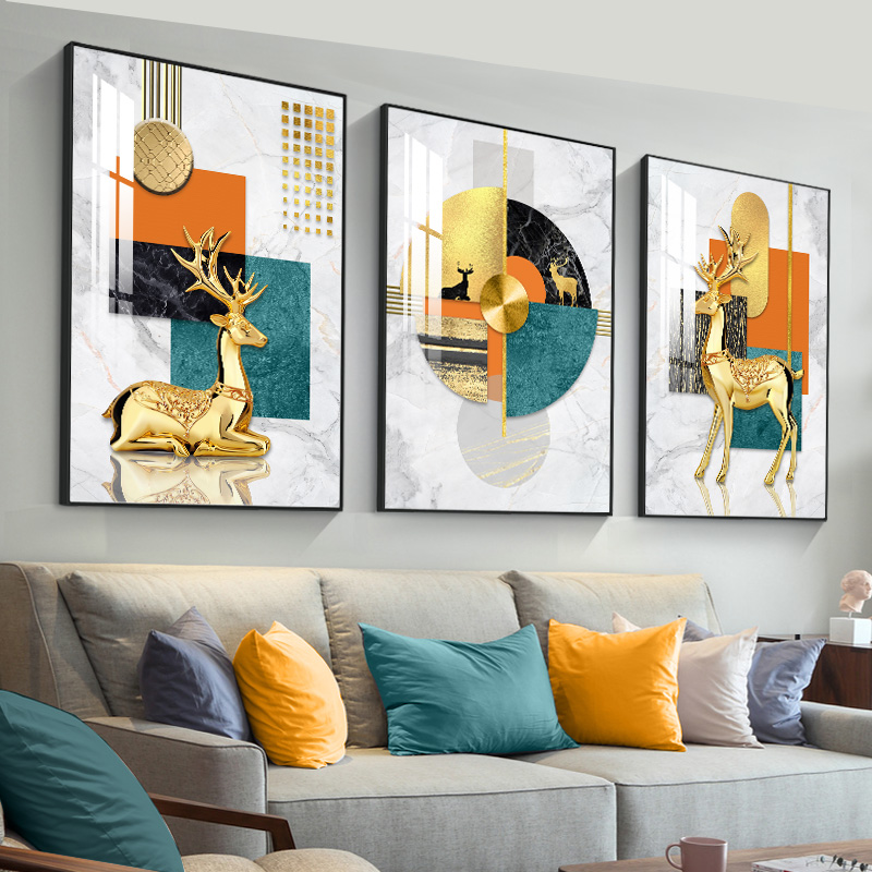 Nordic living room decoration painting atmospheric light luxury sofa background wall painting bedroom Hermes orange abstract triptych