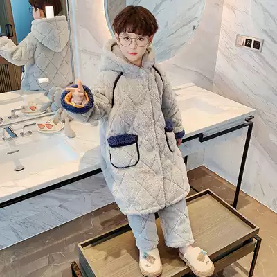 Children's pajamas winter thickened children plus velvet boy coral velvet three-layer cotton autumn and winter flannel
