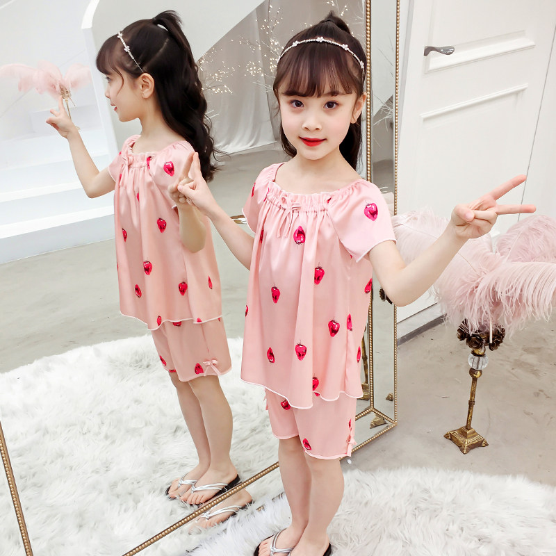Girls Pajamas Summer Thin Ice Silk Children's Short Sleeve Set Simulation Silk Spring and Autumn Home Clothes Suspension Air Conditioning Clothing