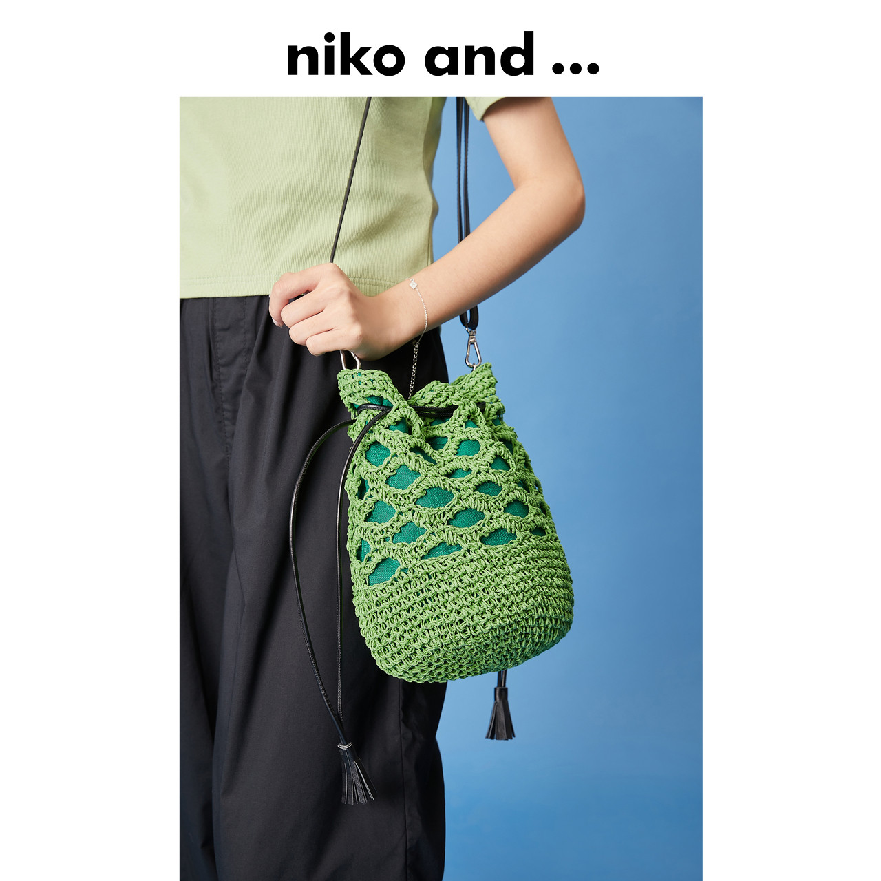 niko and  Bucket bag women's Japanese fabric knitted drawstring shoulder messenger personality bag 881220