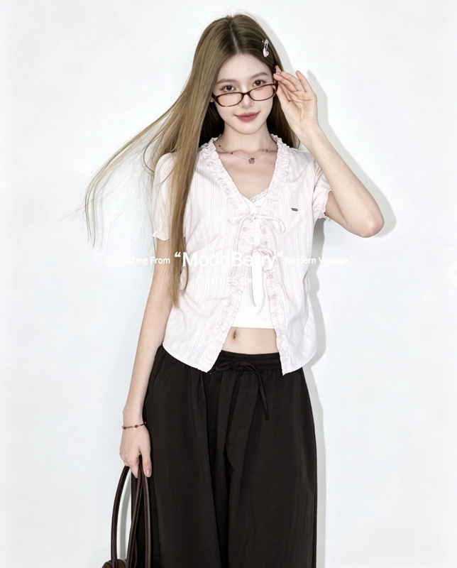 Moodberry American Retro V-Neck Ruffled Bow Short-Sleeve Shirt for Women, Summer Design Cardigan Top