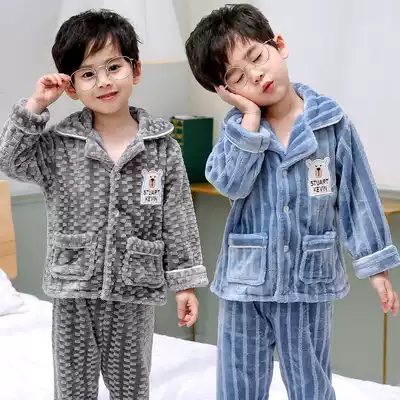 Flannel children's boys 'pajamas Autumn and winter boys' baby home clothes Medium and large children's long-sleeved thickened coral velvet suit