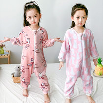 Childrens one-piece pajamas baby autumn and winter thickened flannel girls home clothes coral fleece crawling clothes baby sleeping bag