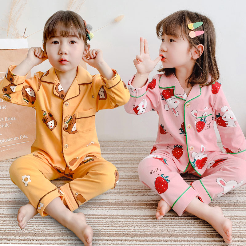 Children's pajamas girls pure cotton spring and autumn long sleeves small children in the big boy cardigan princess baby home wear set