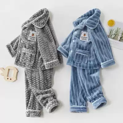 Flannel children's boys 'pajamas Autumn and winter boys' baby home clothes boys long-sleeved thickened coral velvet suit