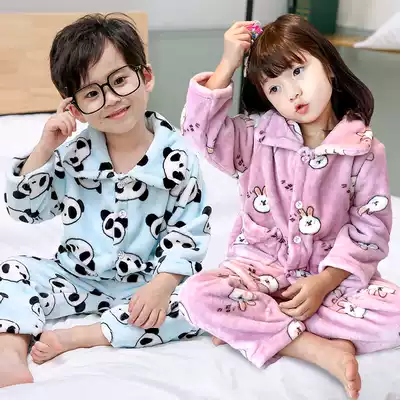 Flannel children's boys warm pajamas Autumn and winter children's baby home clothes girls thickened coral velvet suit
