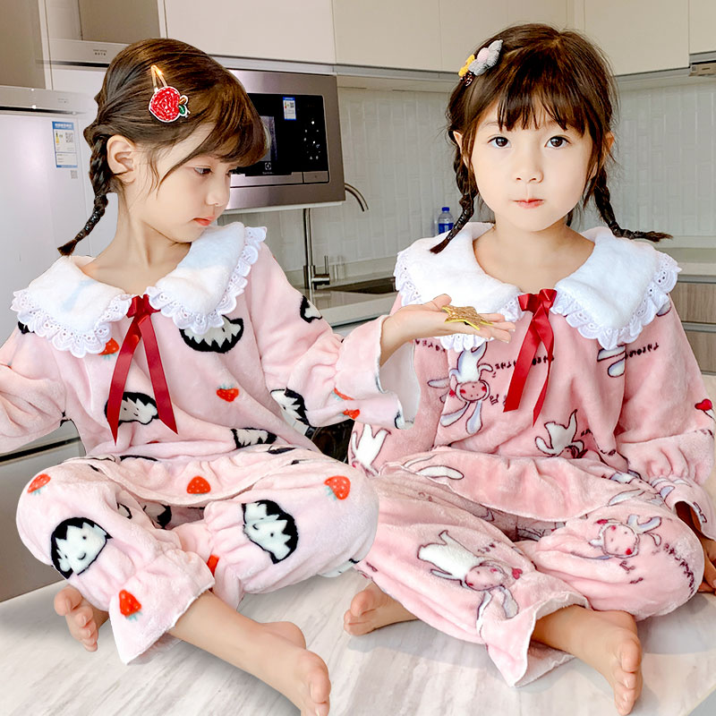 Flannel children's girls ' pajamas Autumn and winter little girl baby home clothes Princess long sleeve thickened coral velvet suit