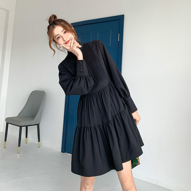 French maje black waist thin lady pleated dress puff sleeves slim dress female
