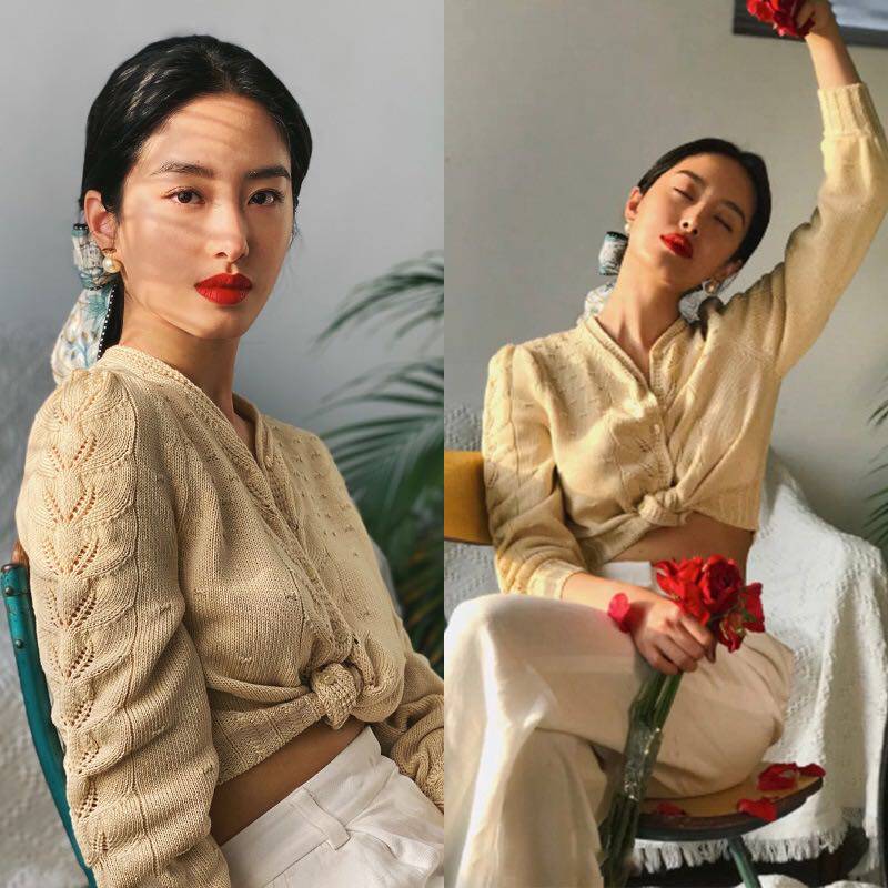 French maje Yang Caiyu same puff sleeve hollow all-match knitted cardigan short coat