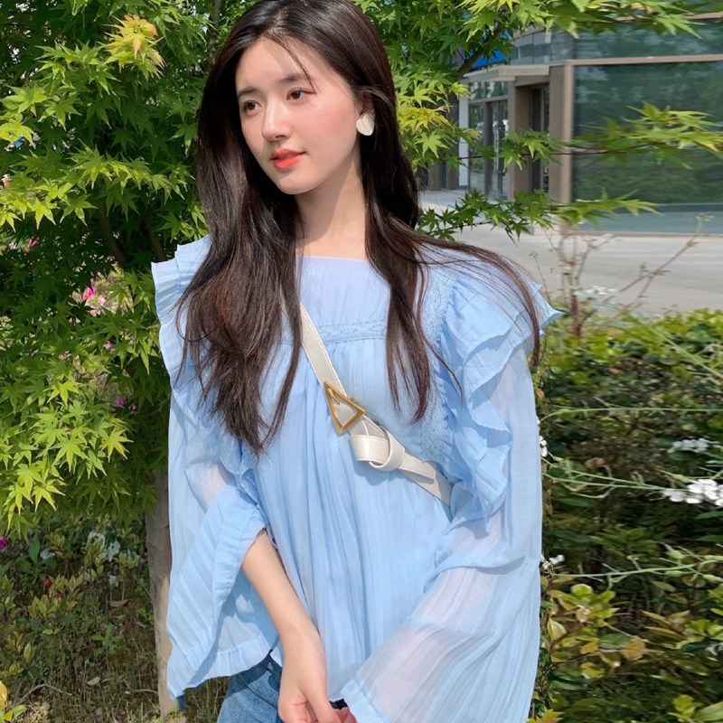 French MAJE Zhao Ruth with the same Superfairy Lotus Leaf Side Dolls Fairy qi Snow Textile Shirt Short Blouse Girl