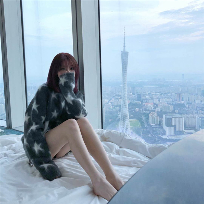 France maje 20 autumn winter new thickened inner hitch bottom stitch cardiovert loose high collar sweater blouse