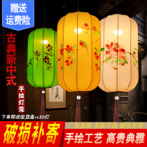 Fabric hand-painted lantern Chinese classical palace lantern tea hall aisle creative wax gourd long color fabric chandelier cage