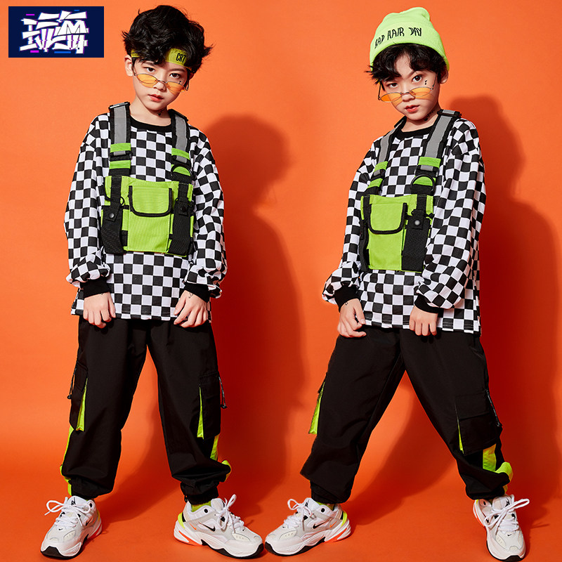 Children's street dance clothing trendy long-sleeved plaid T-shirt children's hiphop jazz dance clothing catwalk boys vest suit