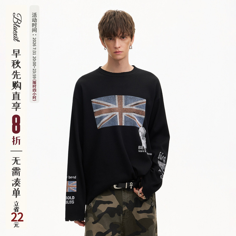 Blaexit American Street Style Distressed Washed Printed Black Base Shirt Men's Spring Long-Sleeve T-Shirt Casual Top