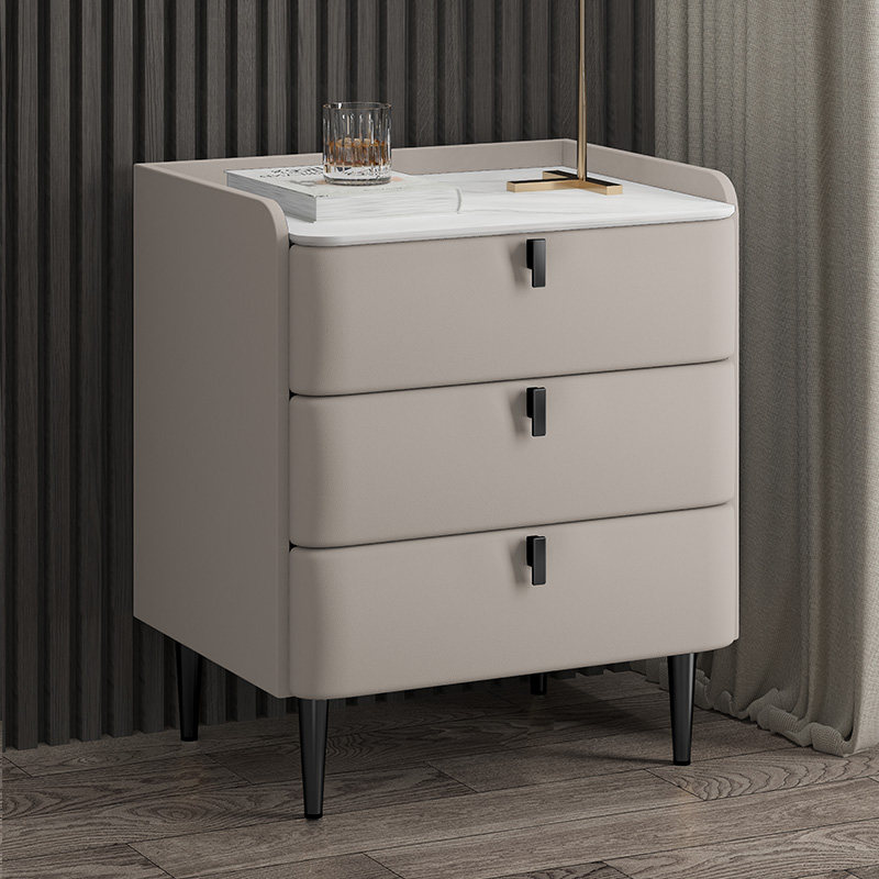 Light luxury solid wood bedside table modern minimalist three-drawer three-drawer Italian Nordic solid wood bedroom leather bedside cabinet