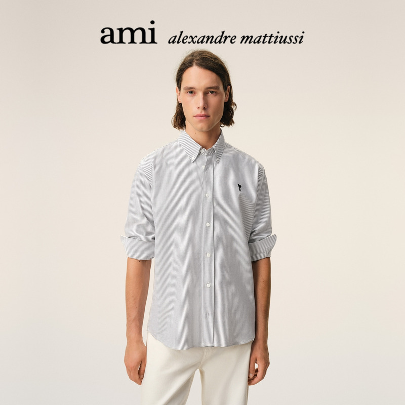 Ami Paris Men's Black Embroidered Adc Striped Shirt Oxford Cotton Top Ami Paris Men's Black Embroidered Adc Striped Shirt Oxford Cotton Top