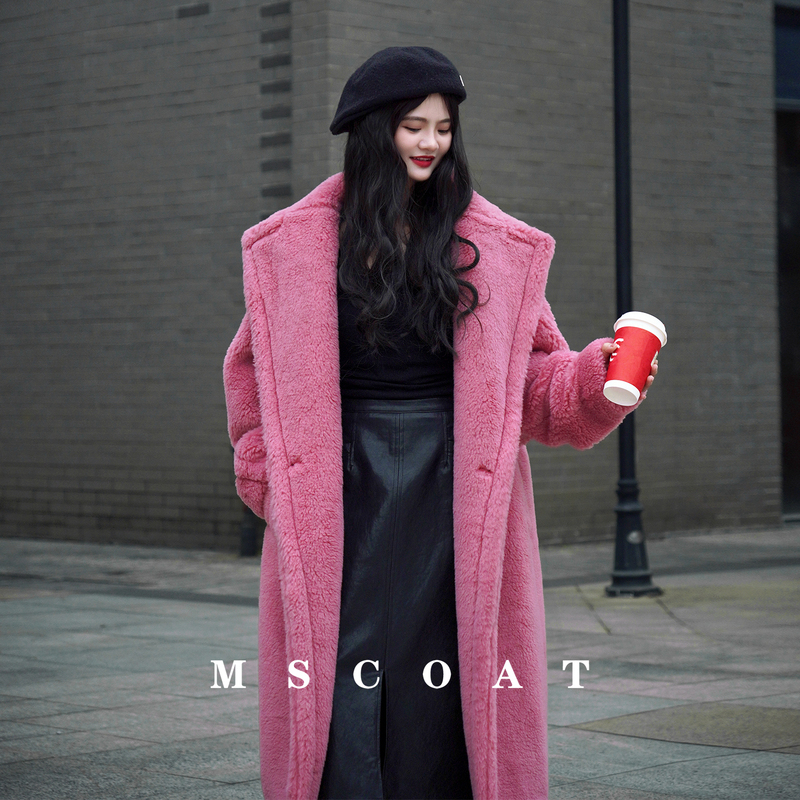 M Brand Raspberry Pink Teddy Bear Coat for Women, Winter Thickened Warm Loose Mid-Length Fur Coat 2026 New