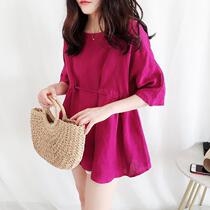 Baby shirt top Korean version of loose a word sweet foreign breath rope waist linen cotton linen shirt women aged thin