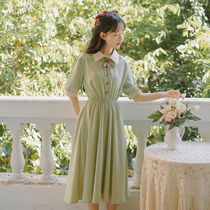 College style summer retro thin waist temperament dress female students short sleeve Korean version of Medium-length dress A- line dress