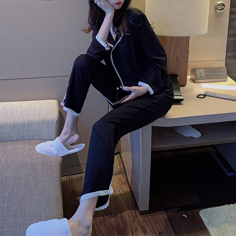 Long-Sleeved Pajamas for Women, Spring and Autum Two-Piece Set, Sweet and Age-Reducing, Girly Heart, Modal Black Slimming Home Wear Set