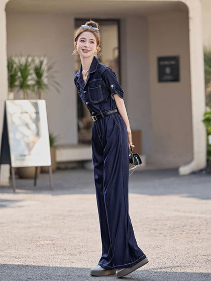 夏季薄款牛仔短袖连体裤女2025新款气质女神范阔腿长裤连身连衣裤