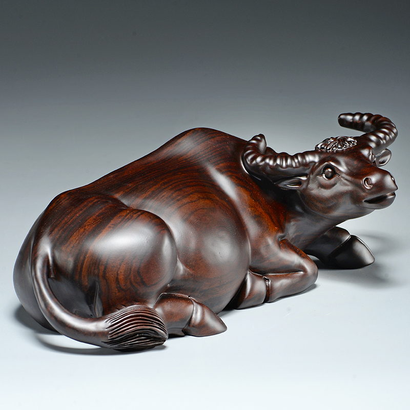 Ebony wood carving buffalo ornaments all solid wood living room decoration twelve zodiac ox mahogany lying ox carving craft gift ornaments