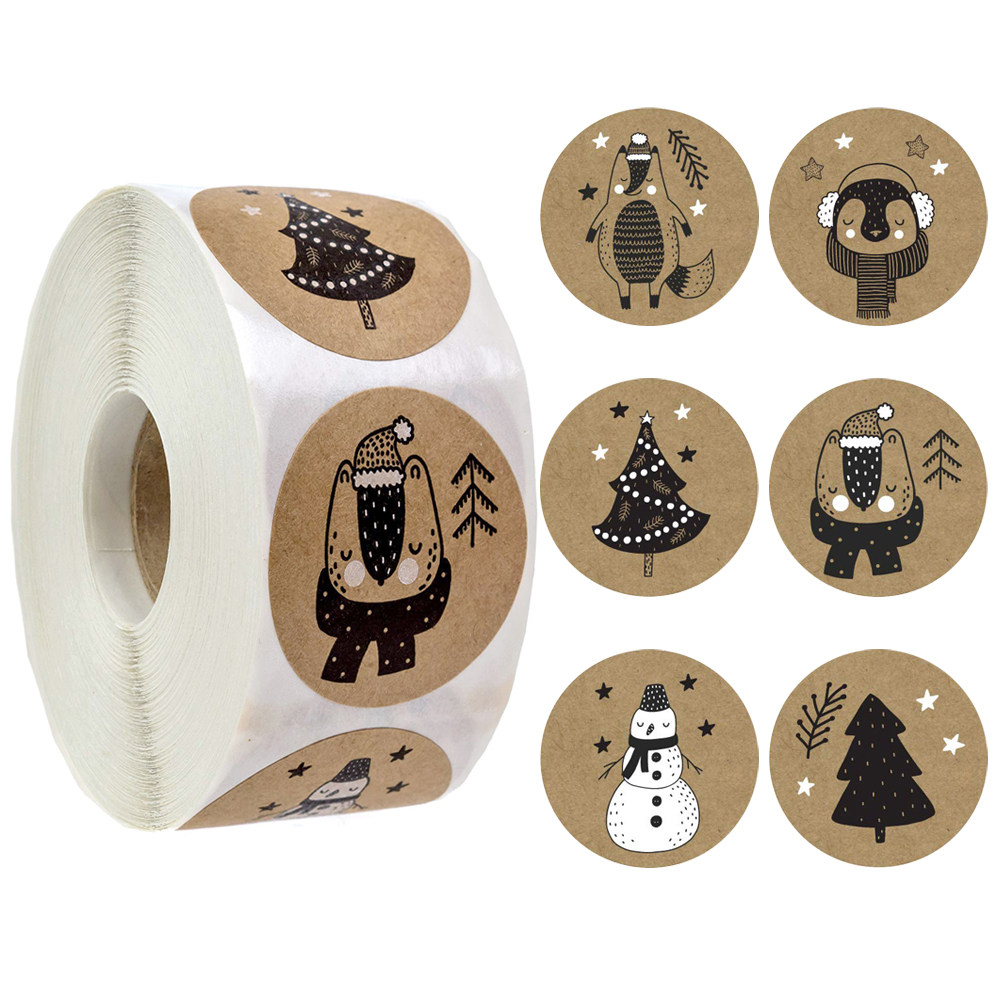 Kraft paper black and white Christmas stickers little snowman rich tree pattern gift decoration sealing stickers 500 sheets 1 roll
