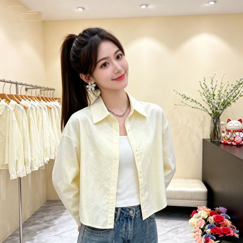 Lazy Style Yellow Pure Cotton Shirt for Women, Long-Sleeved, Versatile, Casual Shirt for Petite People, New Spring and Autumn Style