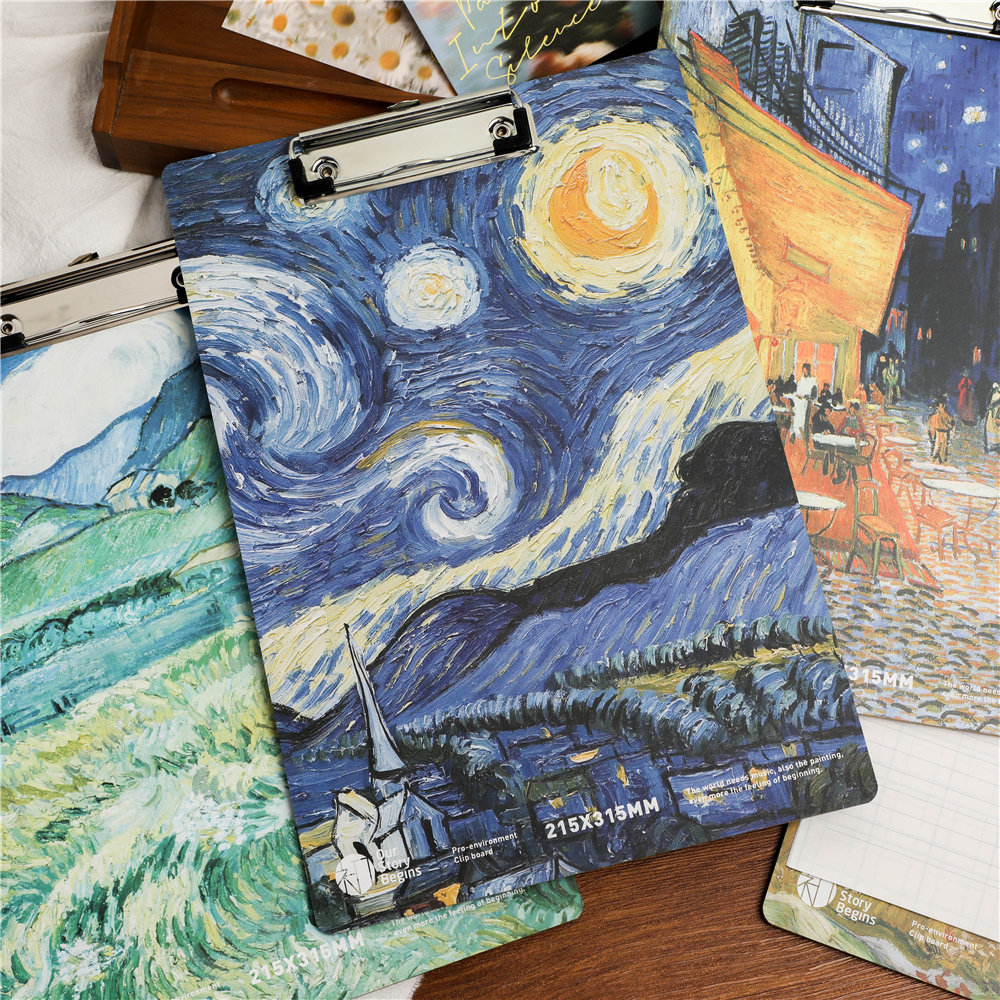 Banmo文具：高級感のあるミニマルなデザインのInstagram風A4木製ファイル、ゴッホ風レトロ油絵クリップボード、書類/試験用紙クリップ、試験用筆記ボード、絵画多機能オフィス用品収納マット。