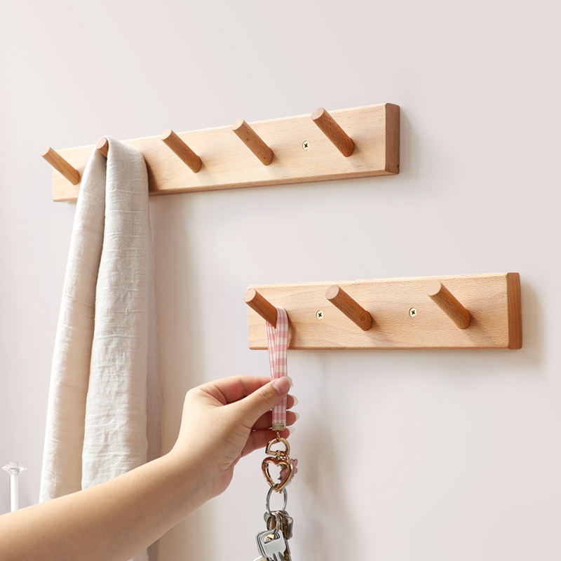 Solid wood wall hook living room entrance door key coat rack free punching household row hook hanger free punching