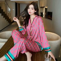 Spring and autumn pajamas womens suits new long-sleeved trousers chiffon ice silk fabric feel silky soft and comfortable home wear