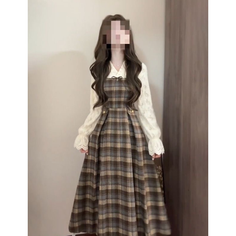 Beautiful Retro Literary Style Two-Piece Dress with Long Sleeves, Gentle and Sweet, Waist-Cinching and Slimming Long Dress for Petite Figures