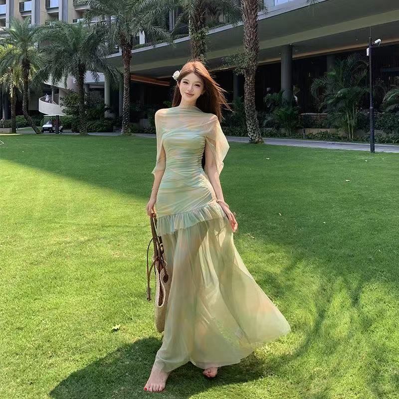 French-Style Stunning and Ethereal Green Tie-Dye Mesh Spaghetti Strap Dress, Seaside Vacation Style, Pure and Sweet, Spicy and Sexy, Bodycon Long Dress