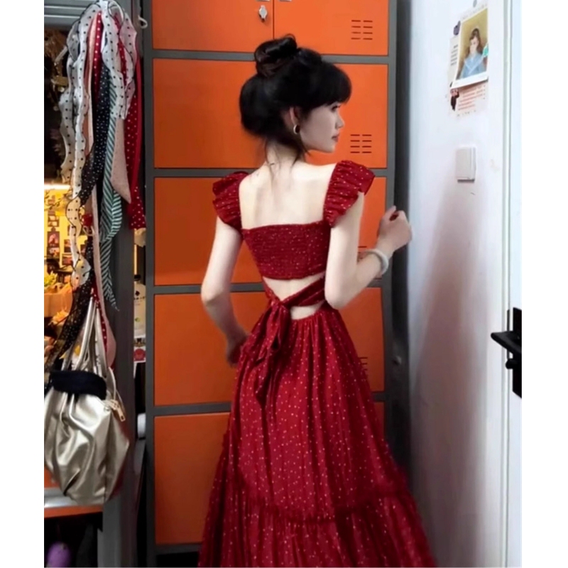 French-Style Stunning Red Flutter-Sleeve Dress with Exposed Waist, Summer Elegant Tie-Waist Vacation Style Tea Break Long Dress