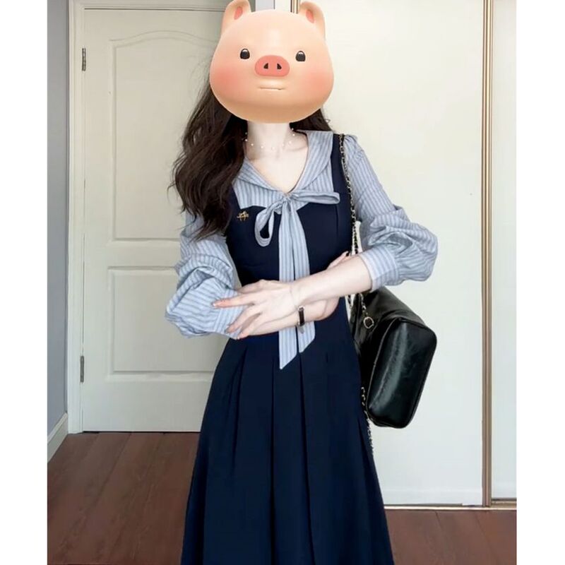 College Style Fake Two-Piece Blue Striped Shirt Dress for Women, Autumn and Winter Clothing, Gentle Style, Waist-Cinching, Slimming Long Skirt College Style Fake Two-Piece Blue Striped Shirt Dress for Women, Autumn and Winter Clothing, Gentle Style, Waist-Cinching, Slimming Long Skirt