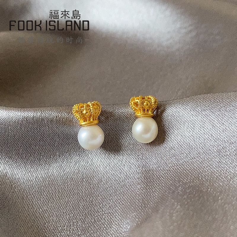Fulai Island Gold Earrings 999 Foot Gold Pearl Earrings Crown Earrings Ancient Gold Sweet Temperament Earrings Female Models