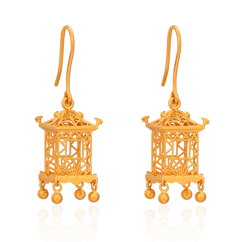 Fulai Island Gold Stud Earrings 999 Pure Gold Earrings Ancient Method Golden Palace Lamp Ear Hook Earrings Pure Gold Earrings Ladies Wedding Earrings