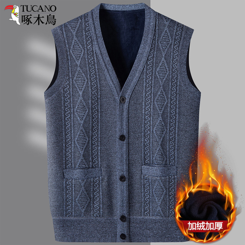 Woodpecker Dad's Autumn and Winter Warm Fleece-Lined Vest Sleeveless Cardigan for Middle-Aged and Elderly Men Knitted Vest
