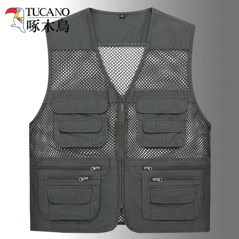 ウッドペッカーベストメンズ夏アウター薄手釣り写真撮影純綿ベストメッシュ速乾通気性ベストウエストコート