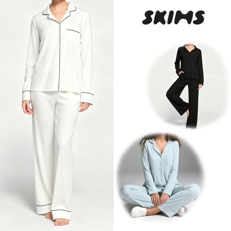 [In-Stock in China] Skims Kardashian Style Loose-Fitting Pajamas Solid Color Long-Sleeve Long Pants Loungewear Set for Women