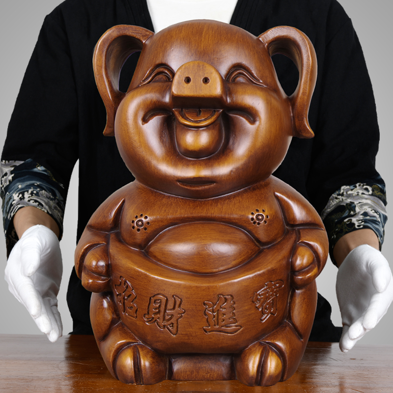 Wood carvings Treasure Cute Rich Pig Pendulum Pieces Home Living Room Feng Shui Wine Cabinet Decorated Duozodiac Pig Solid Wood Handiwork-Taobao