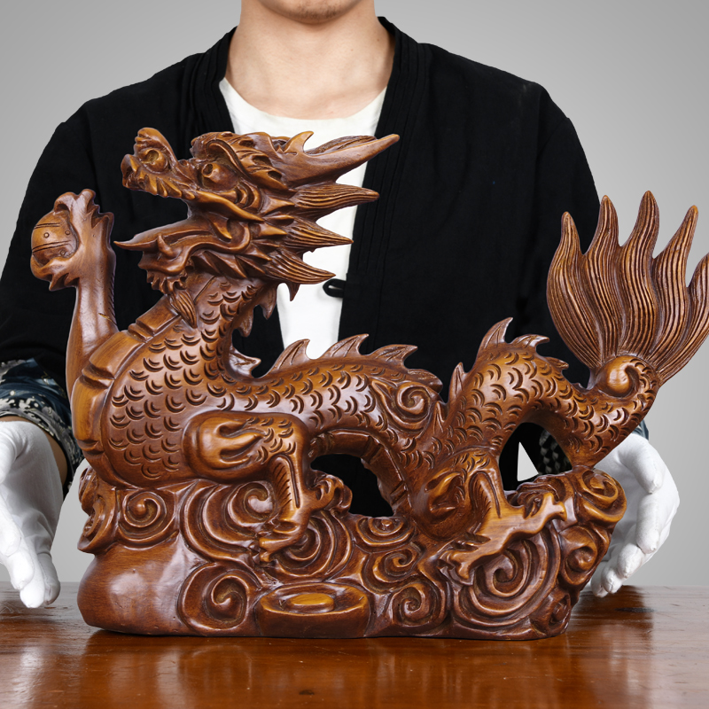 Chinese Dragon Ornament Lucky Nursing Home Solid Wood Sculpture Home Office Feng Shui Dragon Ornament Zodiac Dragon Wooden Crafts