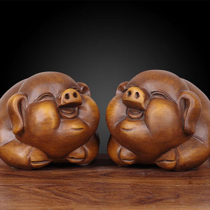 Solid Wood Lucky Pig Ornaments, a Pair of Fortune-Bringing Zodiac Pigs, for Living Room Entrance, Tv Cabinet, Home Desktop Decoration, Housewarming Gift
