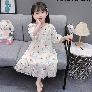 2025新款女童睡裙纯棉纱布女宝宝半袖儿童睡衣女孩春秋公主家居裙