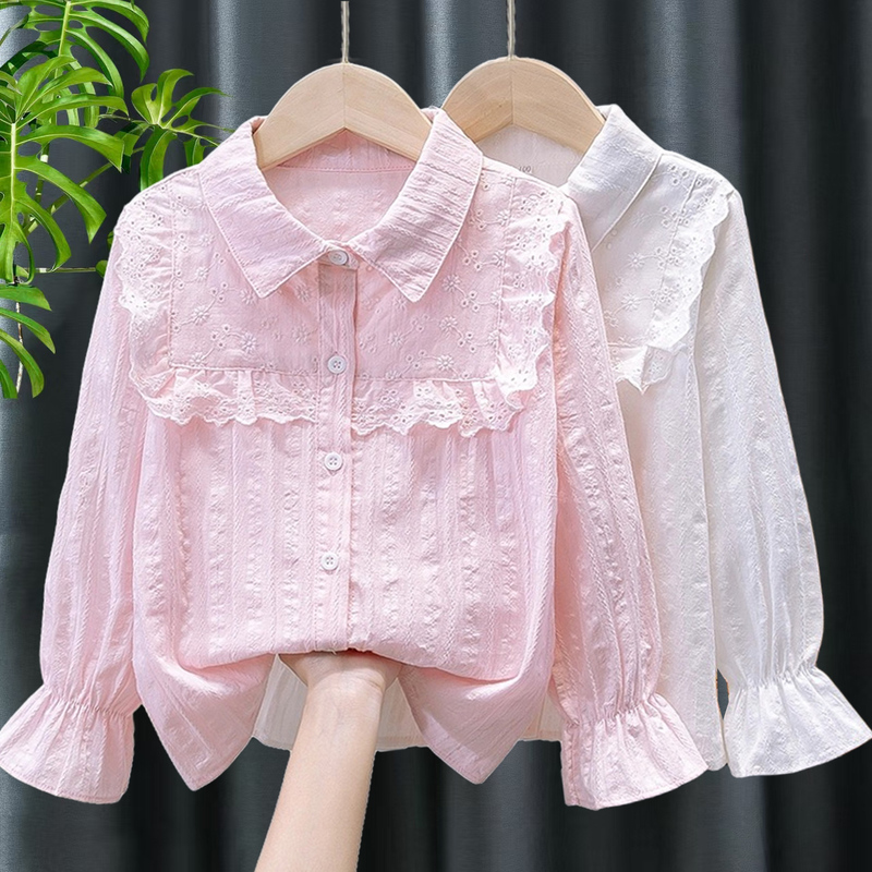 Girls' Shirts 2026 Autumn Doll Collar Shirts Big Kids Pure Cotton Shirts Long-Sleeved Jackets Girls Spring and Autumn Tops
