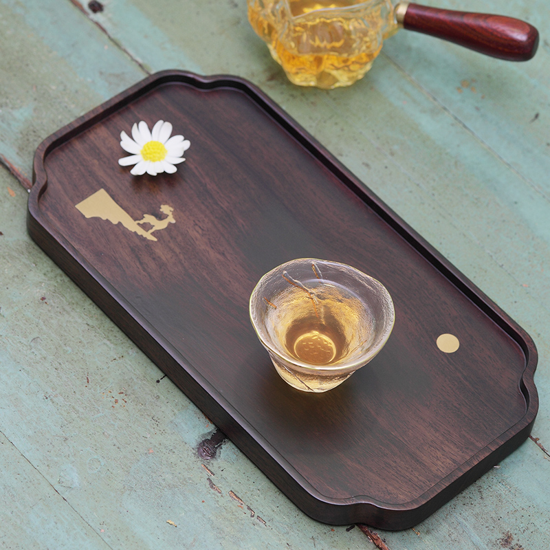 Black sandalwood inlaid copper tea tray dry foam table solid wood Easy Home Creative Gongfu Tea nursery Rectangular Small Tea Table