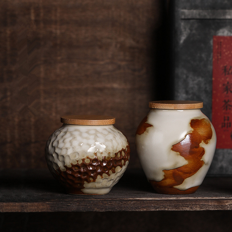 Kiln Changing Ru Kiln Small Tea Leaves Jar China Wind Retro Tea Barn Wake Tea Jar Storage Tea Jar Sealed Jar Portable Upscale Day Style