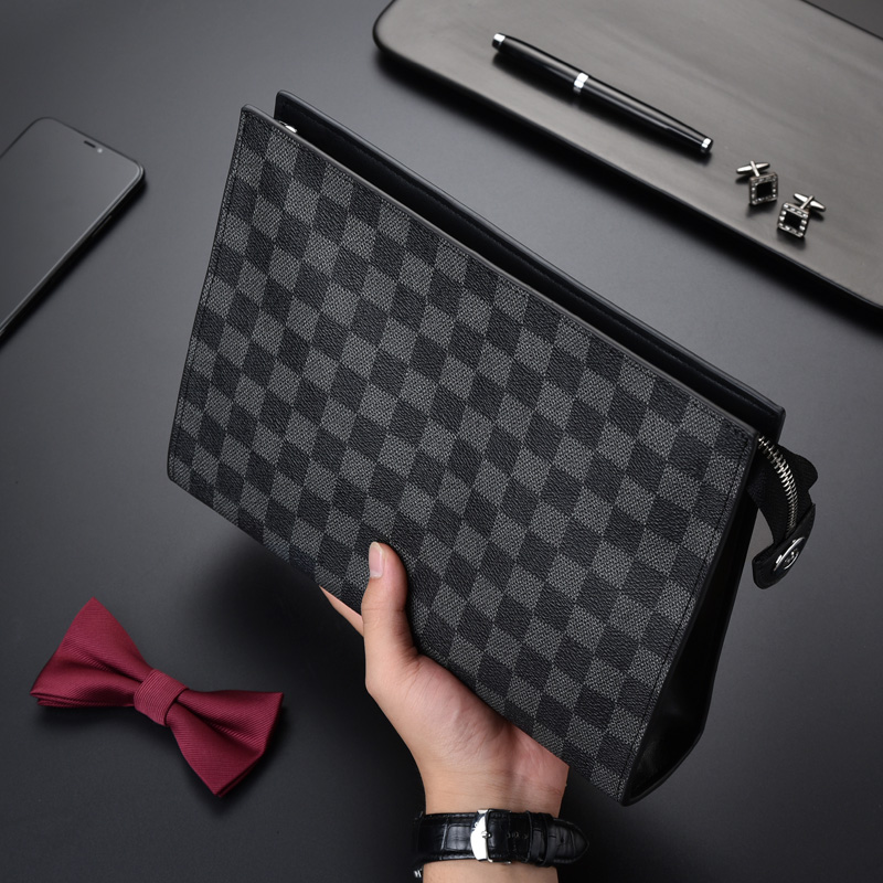 Handbag Men's Clutch Checkerboard Plaid Fashion Trendy Men's Hand Grab Bag Clip Bag Large Capacity Business Casual Handbag