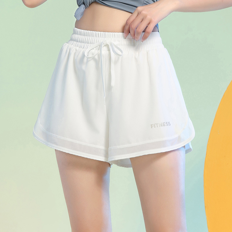 White Running Shorts for Women, Summer Tennis Sports Shorts, Anti-Exposure, Loose Fit, Hip-Covering, Faux Two-Piece, Aerobics, Marathon