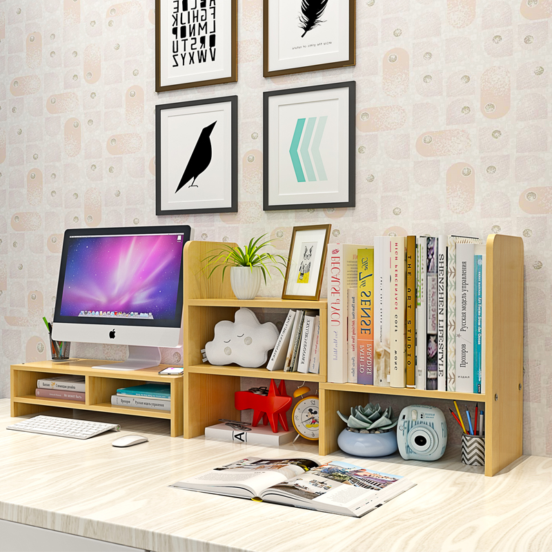 Simple bookshelf on desk Student desktop shelf Computer screen monitor elevated desk storage box